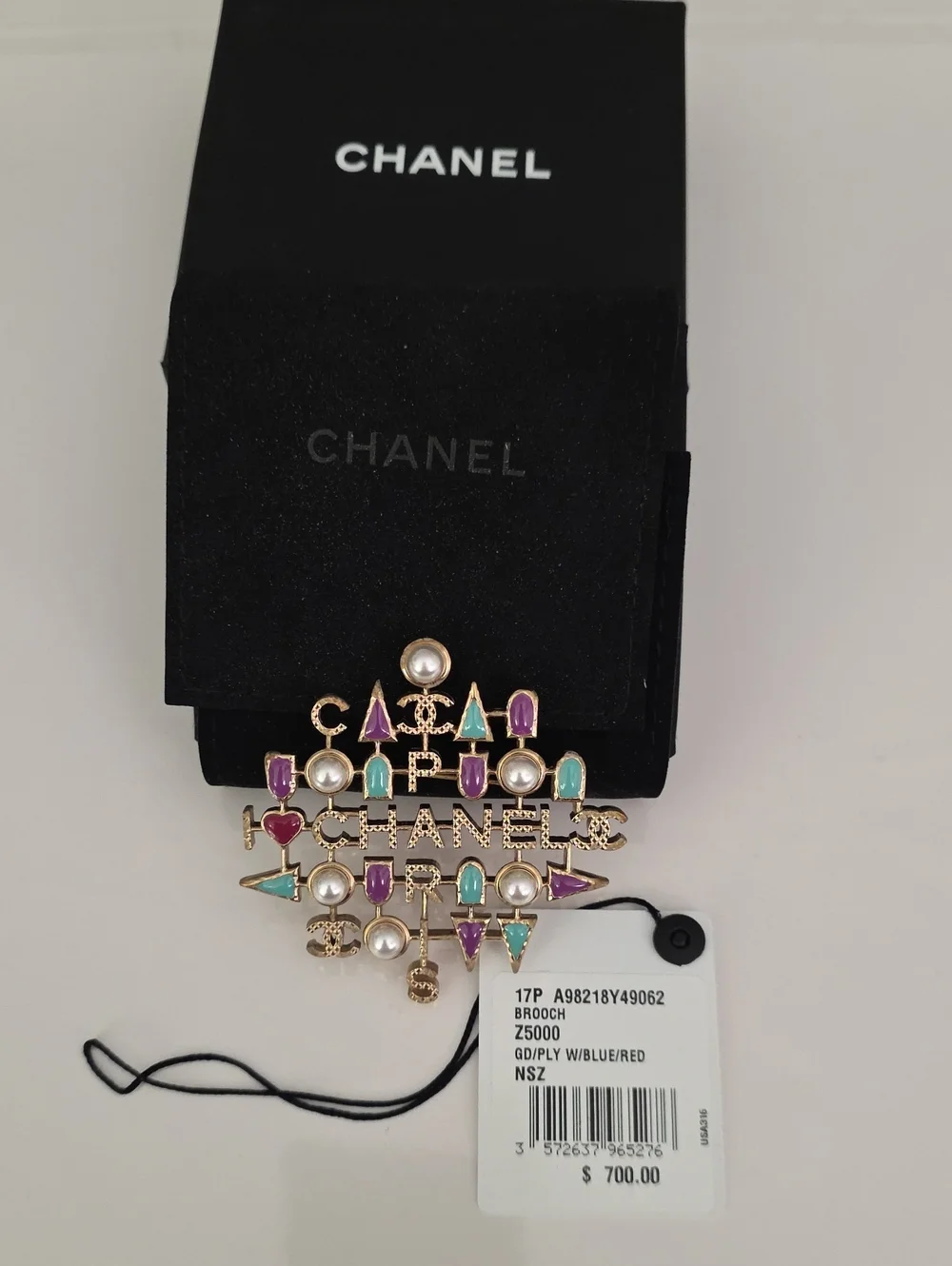 CHANEL Gold-Tone Multicolor Enamel & Pearl Logo Brooch
